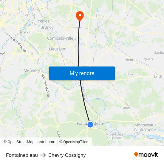 Fontainebleau to Chevry-Cossigny map