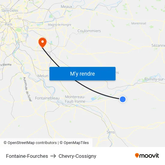 Fontaine-Fourches to Chevry-Cossigny map