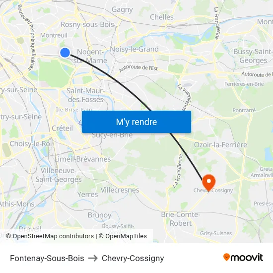 Fontenay-Sous-Bois to Chevry-Cossigny map