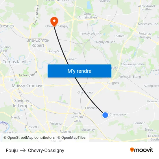 Fouju to Chevry-Cossigny map