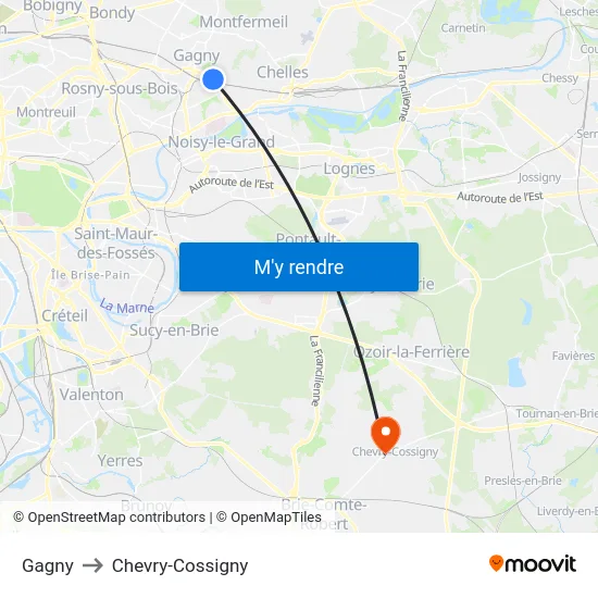 Gagny to Chevry-Cossigny map