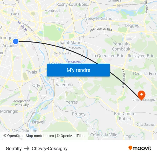 Gentilly to Chevry-Cossigny map