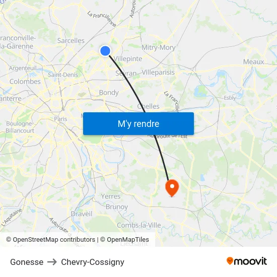 Gonesse to Chevry-Cossigny map