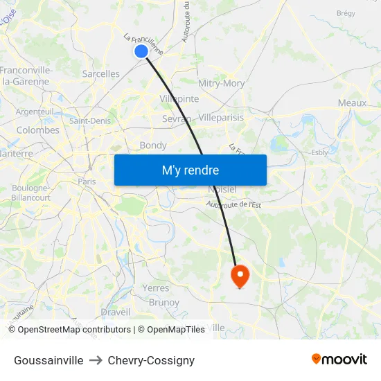 Goussainville to Chevry-Cossigny map