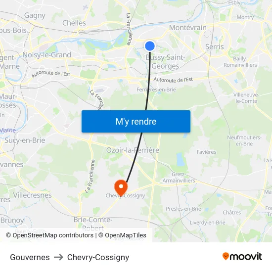 Gouvernes to Chevry-Cossigny map