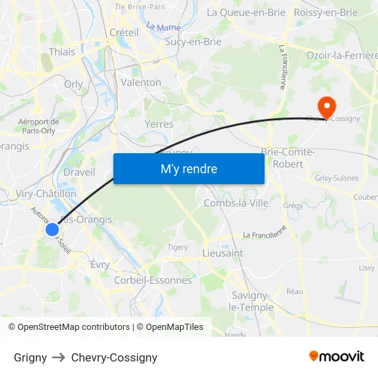 Grigny to Chevry-Cossigny map
