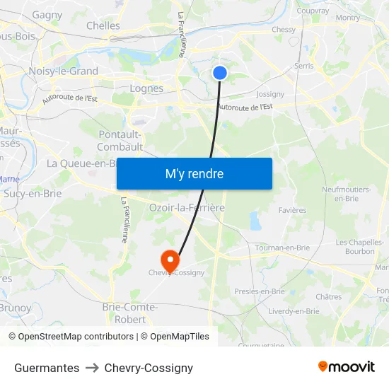 Guermantes to Chevry-Cossigny map