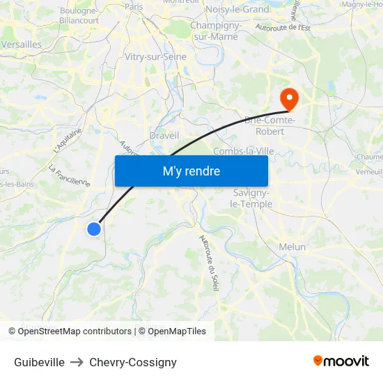 Guibeville to Chevry-Cossigny map