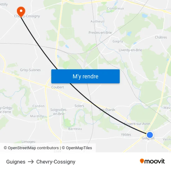 Guignes to Chevry-Cossigny map