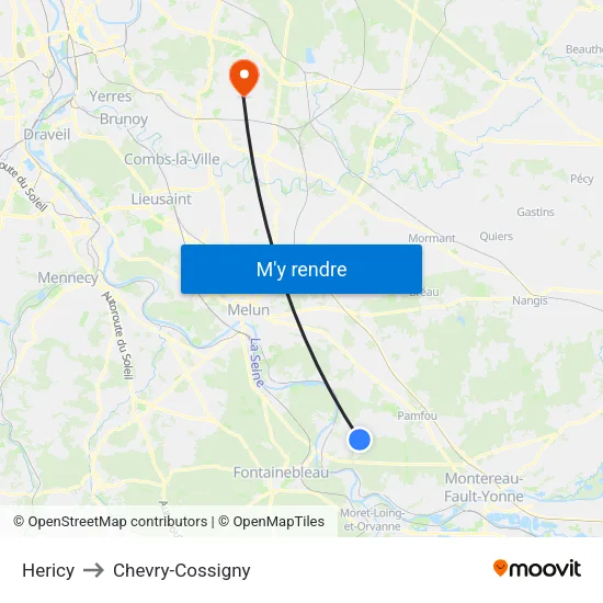 Hericy to Chevry-Cossigny map