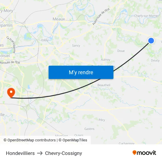 Hondevilliers to Chevry-Cossigny map