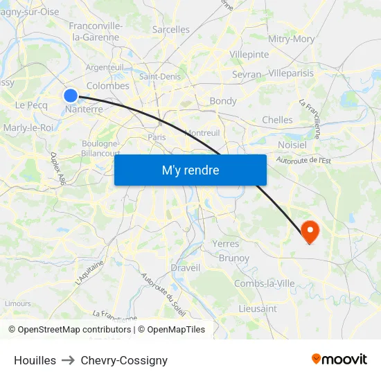 Houilles to Chevry-Cossigny map
