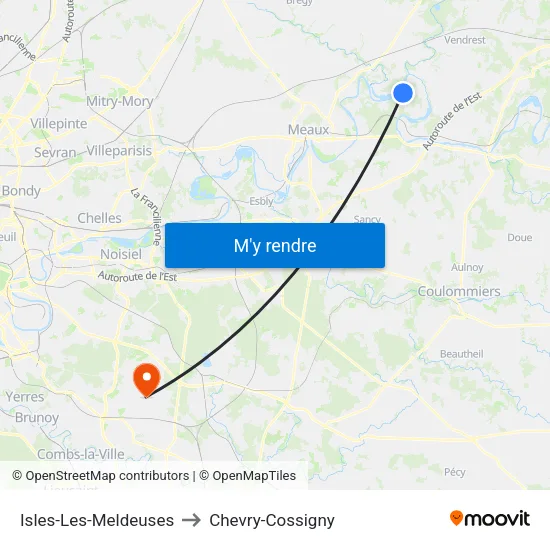 Isles-Les-Meldeuses to Chevry-Cossigny map