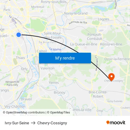 Ivry-Sur-Seine to Chevry-Cossigny map