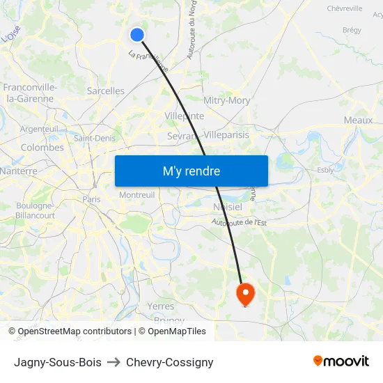 Jagny-Sous-Bois to Chevry-Cossigny map