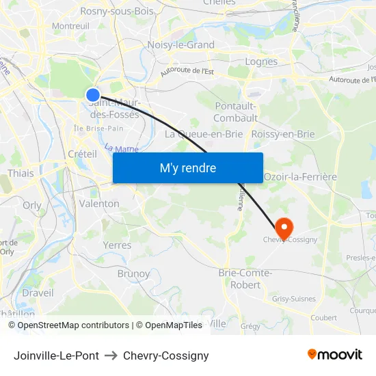 Joinville-Le-Pont to Chevry-Cossigny map