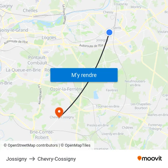 Jossigny to Chevry-Cossigny map