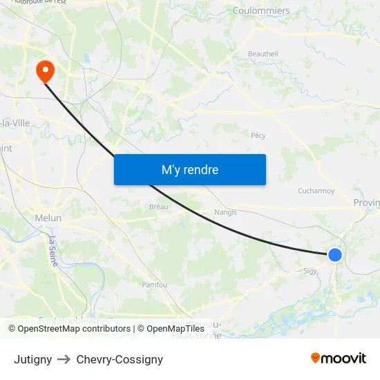 Jutigny to Chevry-Cossigny map
