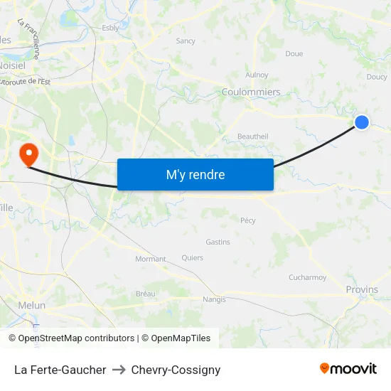 La Ferte-Gaucher to Chevry-Cossigny map