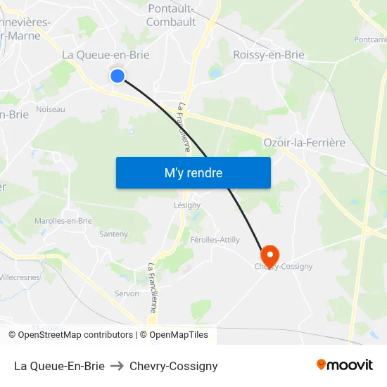 La Queue-En-Brie to Chevry-Cossigny map