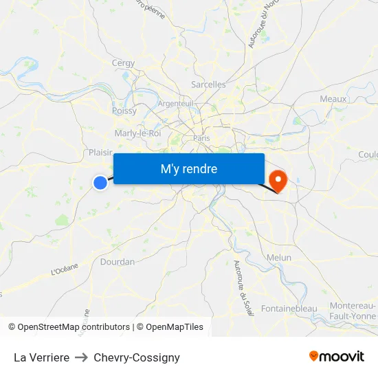 La Verriere to Chevry-Cossigny map