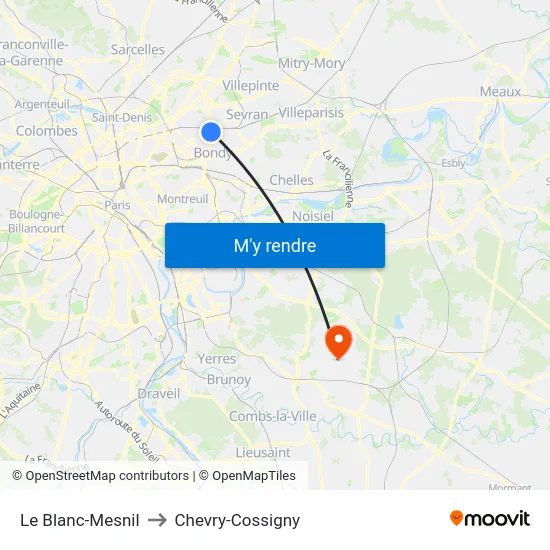 Le Blanc-Mesnil to Chevry-Cossigny map