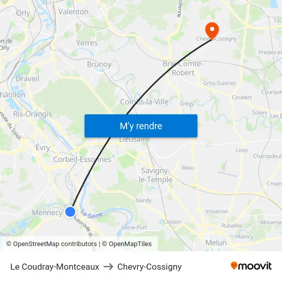 Le Coudray-Montceaux to Chevry-Cossigny map
