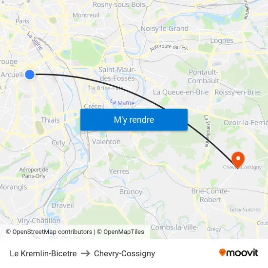 Le Kremlin-Bicetre to Chevry-Cossigny map