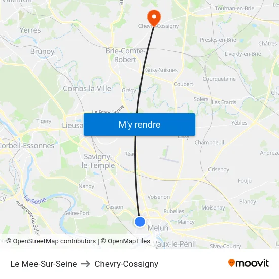 Le Mee-Sur-Seine to Chevry-Cossigny map