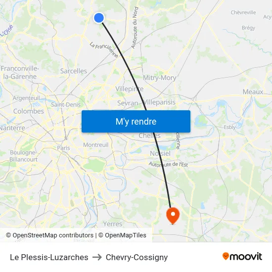 Le Plessis-Luzarches to Chevry-Cossigny map