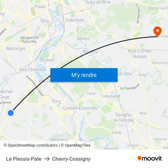 Le Plessis-Pate to Chevry-Cossigny map