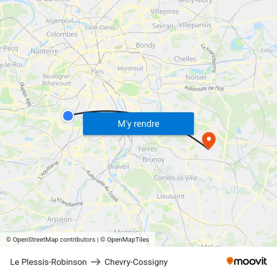 Le Plessis-Robinson to Chevry-Cossigny map