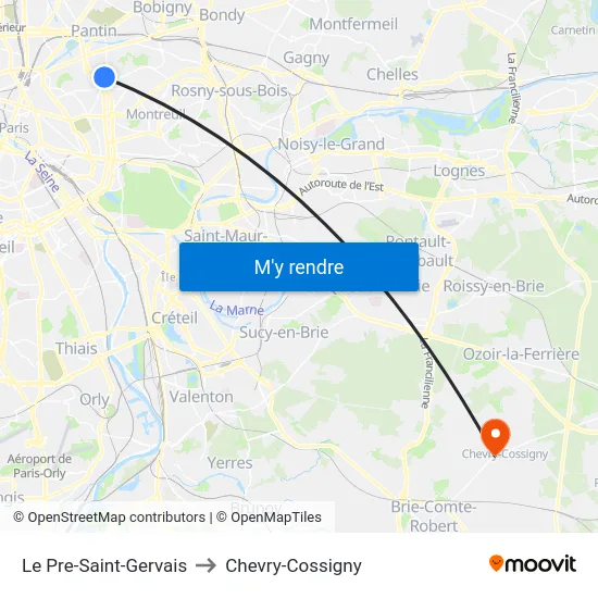Le Pre-Saint-Gervais to Chevry-Cossigny map