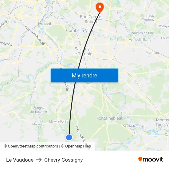Le Vaudoue to Chevry-Cossigny map