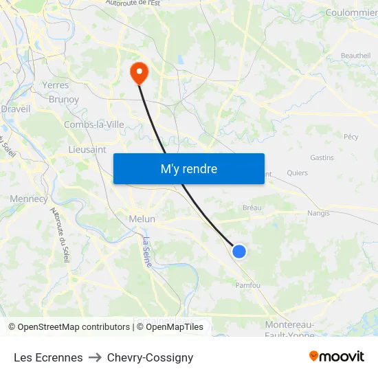 Les Ecrennes to Chevry-Cossigny map