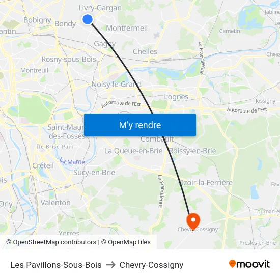 Les Pavillons-Sous-Bois to Chevry-Cossigny map