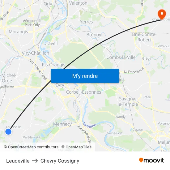 Leudeville to Chevry-Cossigny map