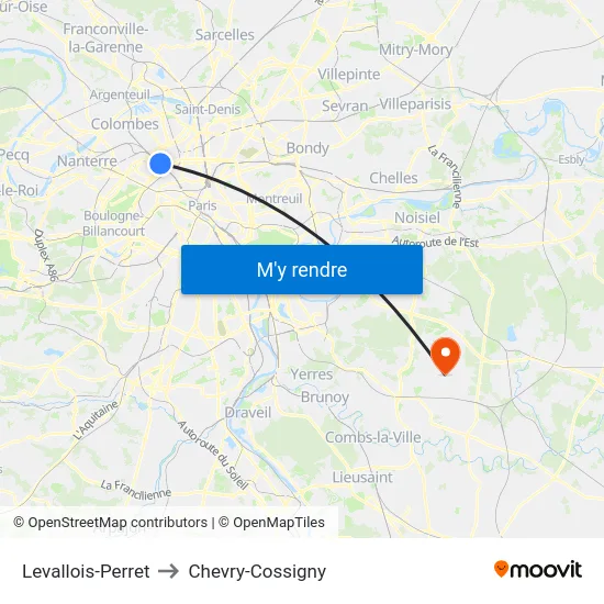Levallois-Perret to Chevry-Cossigny map