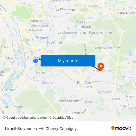 Limeil-Brevannes to Chevry-Cossigny map