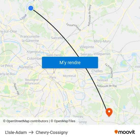 L'Isle-Adam to Chevry-Cossigny map