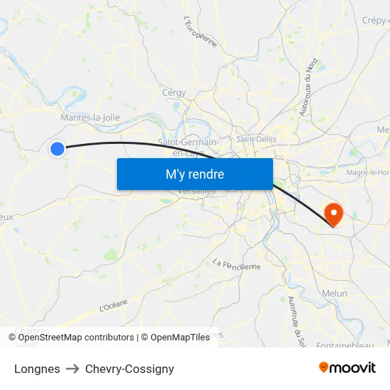 Longnes to Chevry-Cossigny map