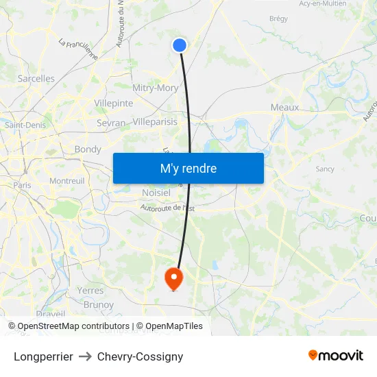 Longperrier to Chevry-Cossigny map