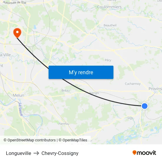 Longueville to Chevry-Cossigny map