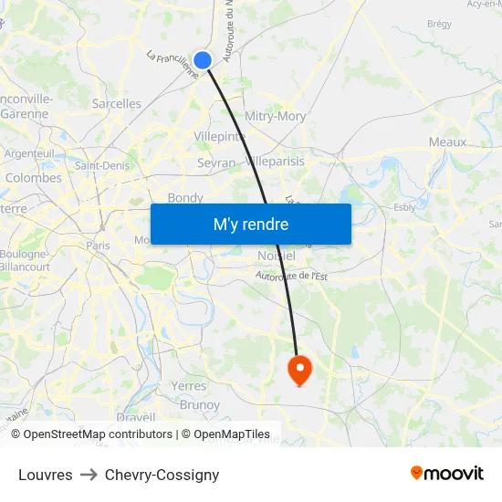 Louvres to Chevry-Cossigny map