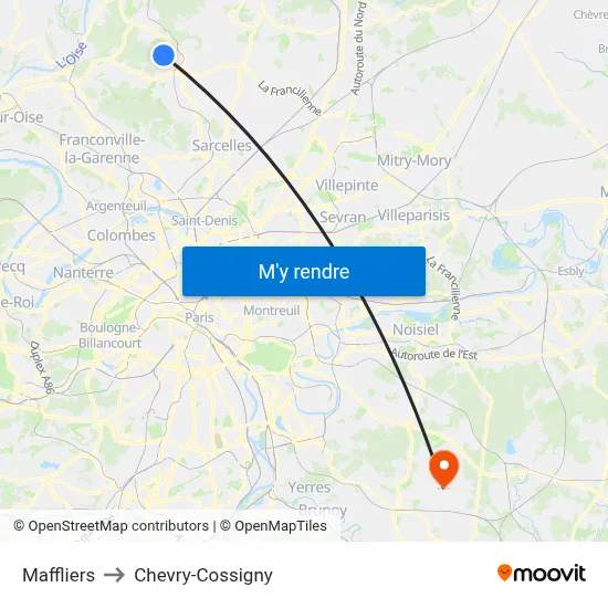 Maffliers to Chevry-Cossigny map