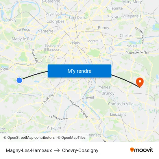 Magny-Les-Hameaux to Chevry-Cossigny map