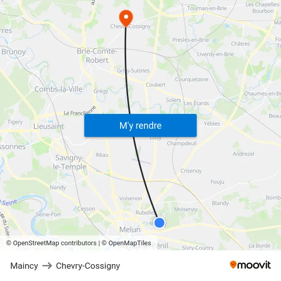 Maincy to Chevry-Cossigny map