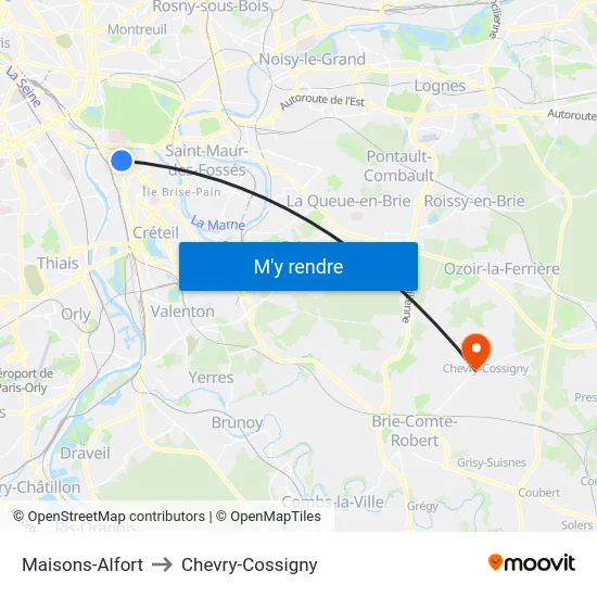 Maisons-Alfort to Chevry-Cossigny map