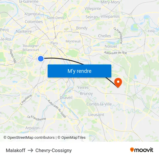 Malakoff to Chevry-Cossigny map