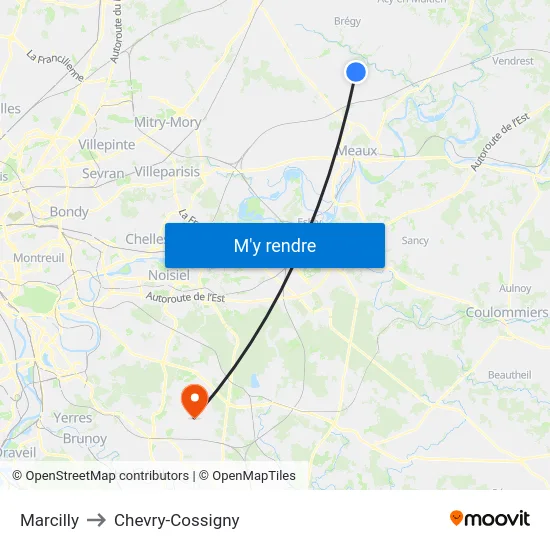 Marcilly to Chevry-Cossigny map